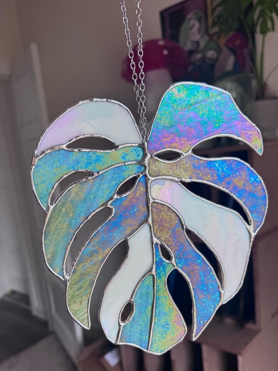 Other - Iridescent Monstera Leaf Stained Glass Hanging Art